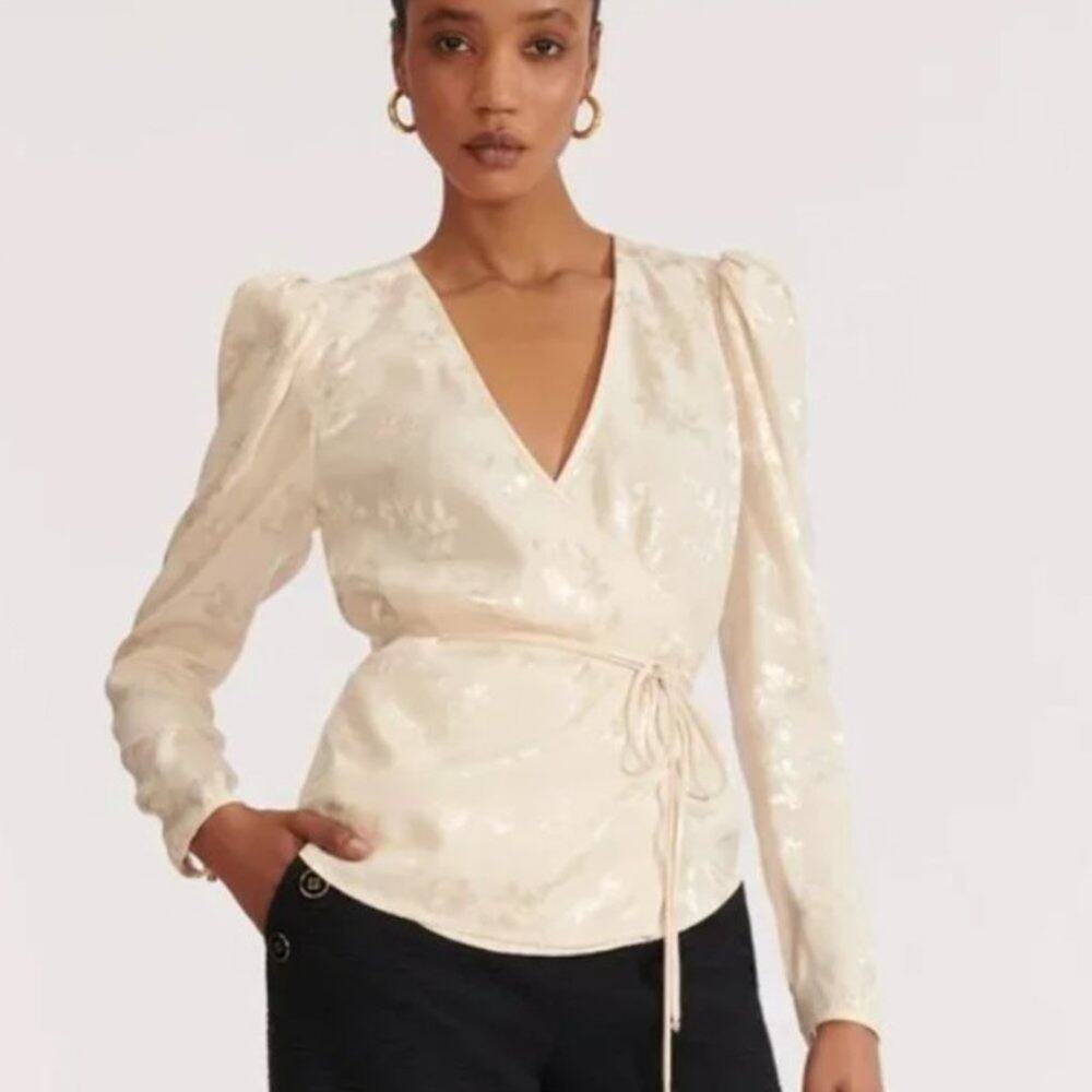 Veronica Beard‎ Blouse Sz 6 Beige Silky Jacquard Wrap Top Puff Shoulders Luxury